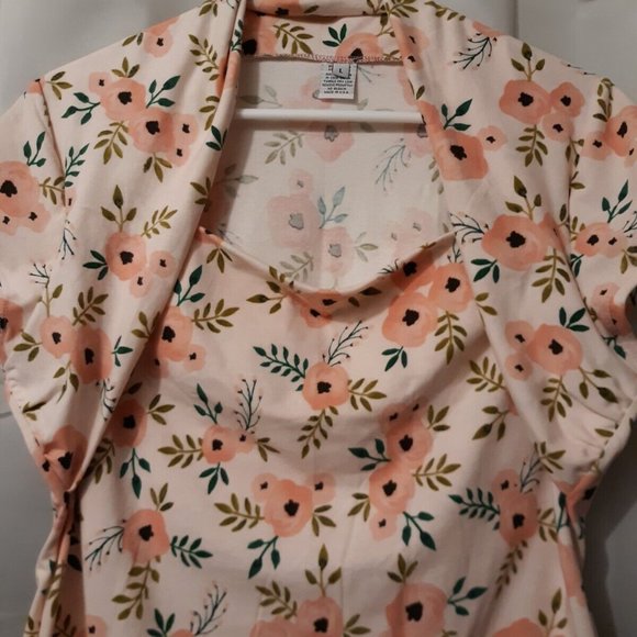 New Attached Shrug T-shirt Top L Peach Floral Green Leaves Short Cap Slv Blouse - Picture 4 of 8